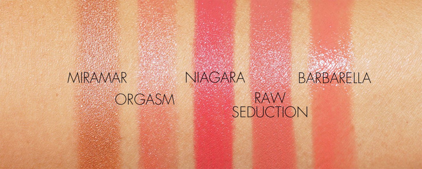 NARS Lipstick Swatches Miramar, Orgasm, Niagara, Raw Seduction, Barbarella