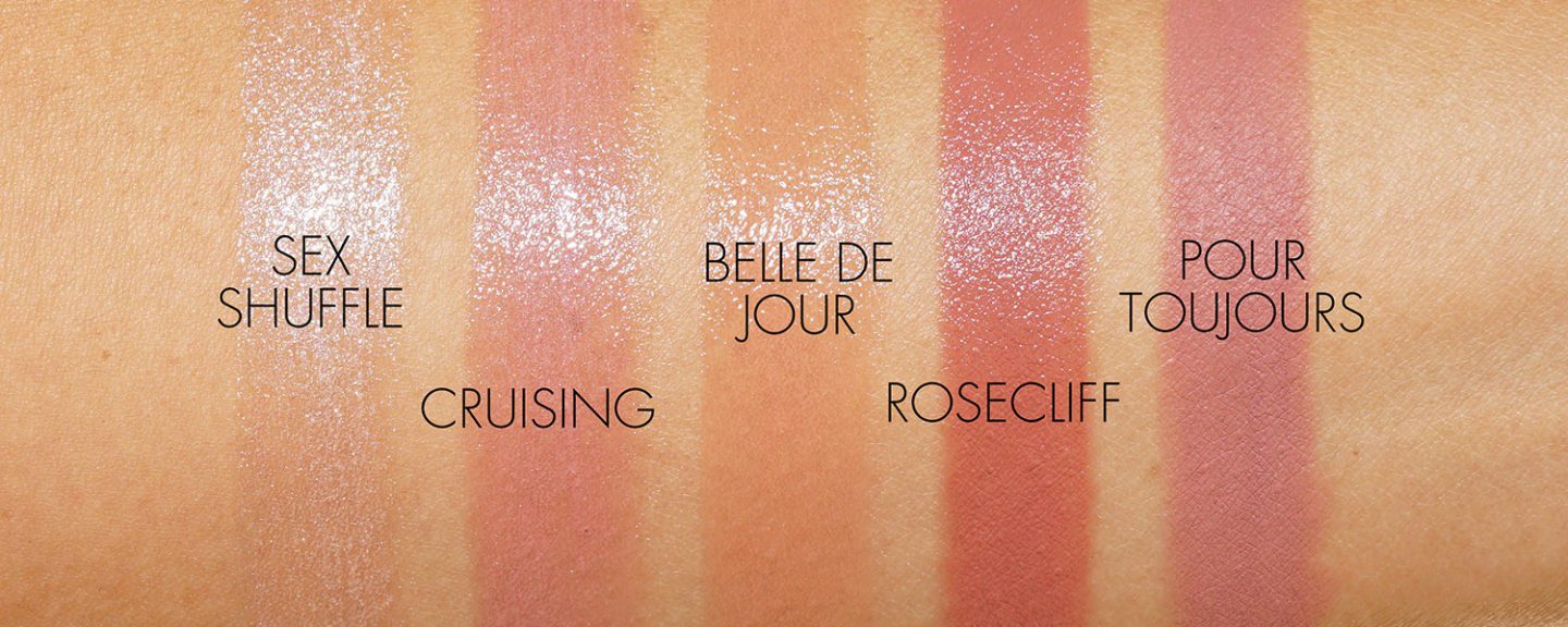 NARS swatches Lipstick Sex Shuffle, Cruising, Belle de Jour, Rosecliff, PourToujours