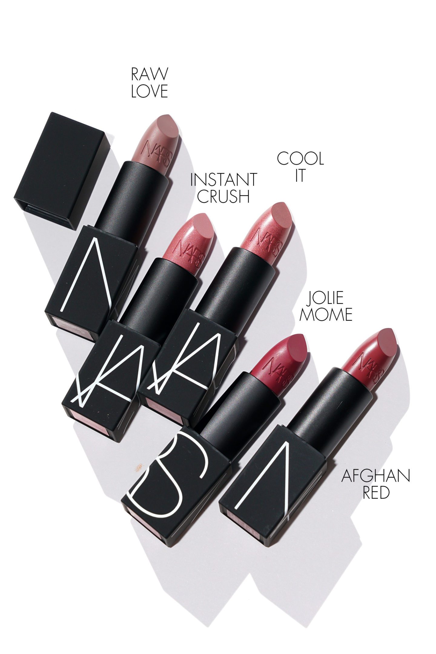 NARS Lipstick Raw Love, Instant Crush, Cool It, Jolie Mome, Afghan Red