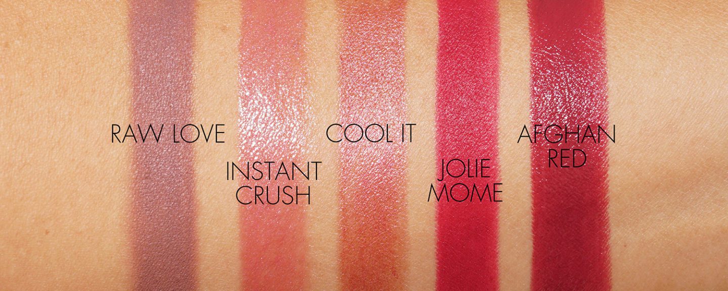 NARS Lipstick Swatches Raw Love, Instant Crush, Cool It, Jolie Mome, Afghan Red