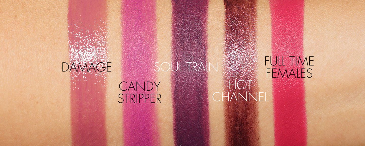 NARS Lipstick Damage, Candy Stripper, Soul Train, Hot Channel, Full Time Females swatches