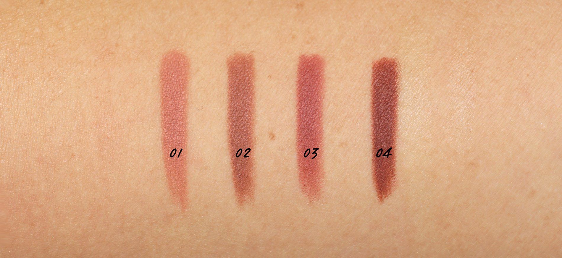 Comparison swatches to MAC Lip Pencils in Whirl, Stripdown, Boldy Bare, Der...