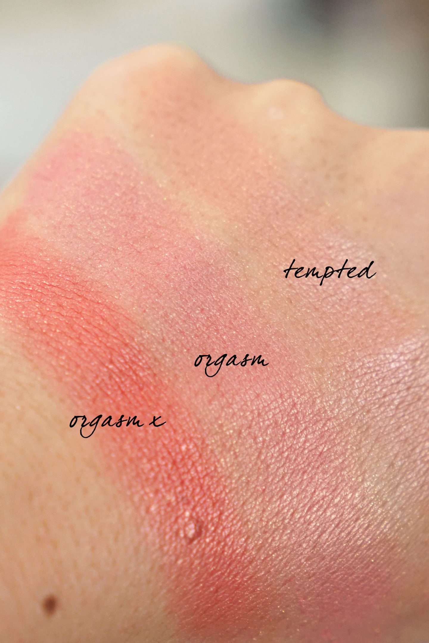 NARS Orgasm X, Orgasm and Tempted Blush swatches