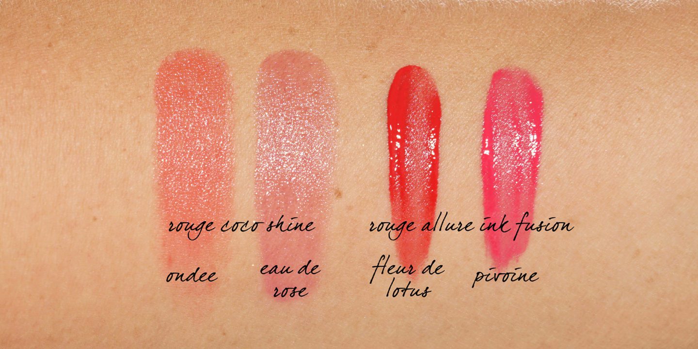 Chanel La Fleur Et L'eau Rouge Coco Shine and Rouge Allure Ink Fusion swatches