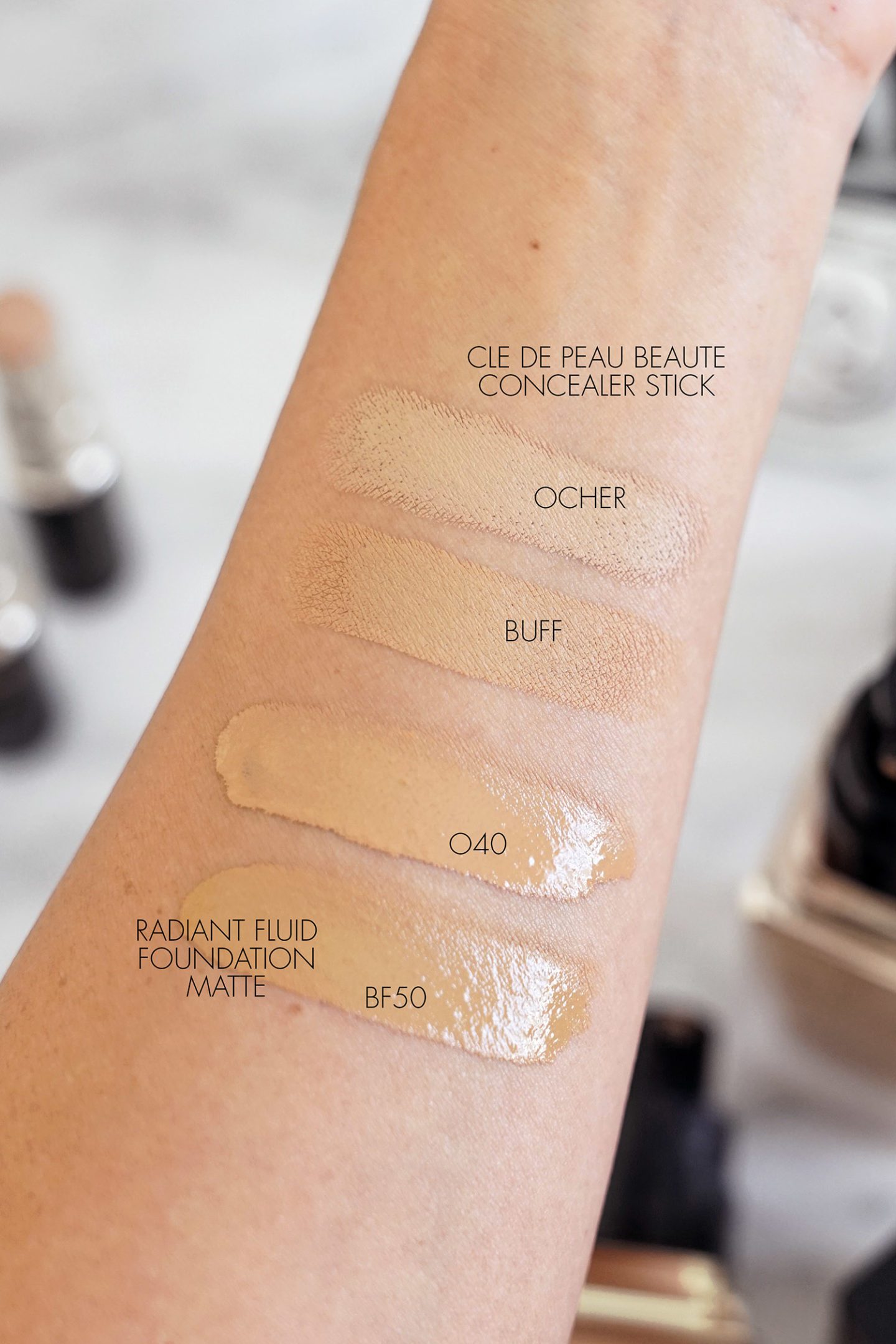 Cle de Peau Concealer Ocher and Buff, Radiant Fluid Foundation Matte in O40 and BF50