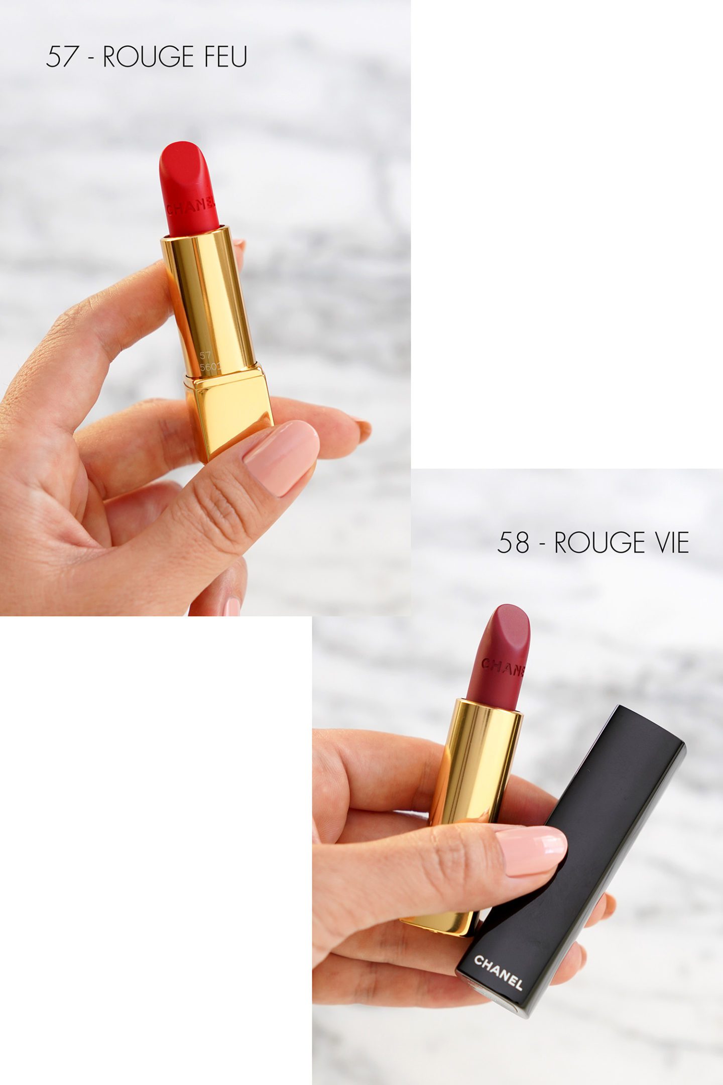 Chanel Rouge Allure Velvet 57 Rouge Feu and 58 Rouge Vie