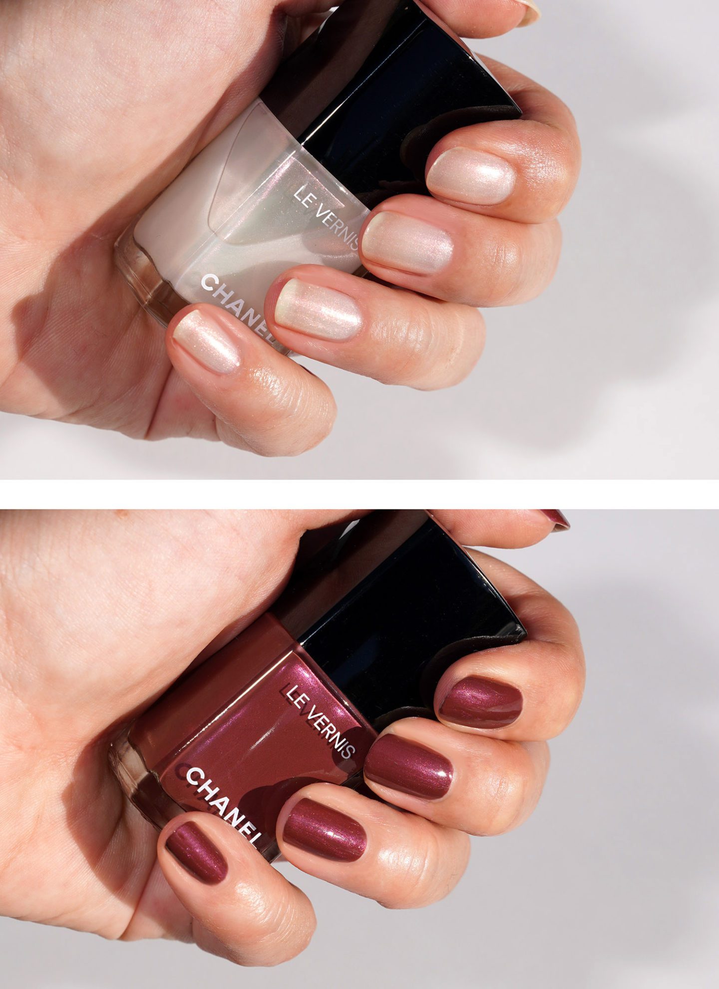 Chanel Le Vernis Perle Blanche 889 and Perle Burgundy 891 swatches