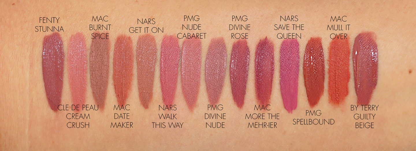 Liquid Lipstick swatches MAC, NARS, Fenty, Pat McGrath