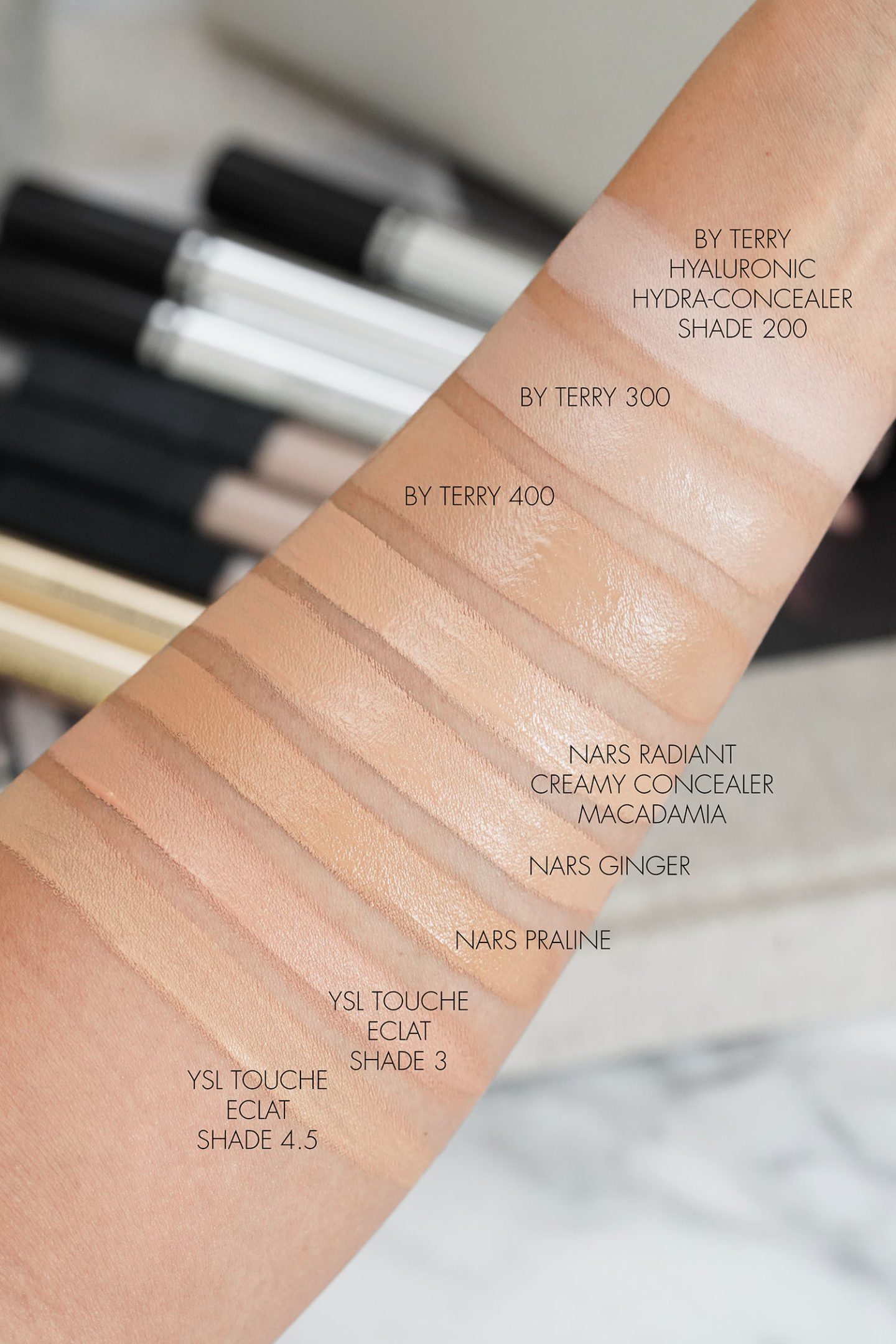 Concealer Swatches By Terry, NARS Macadamia, Ginger, YSL Touche Eclat 3 and 4.5