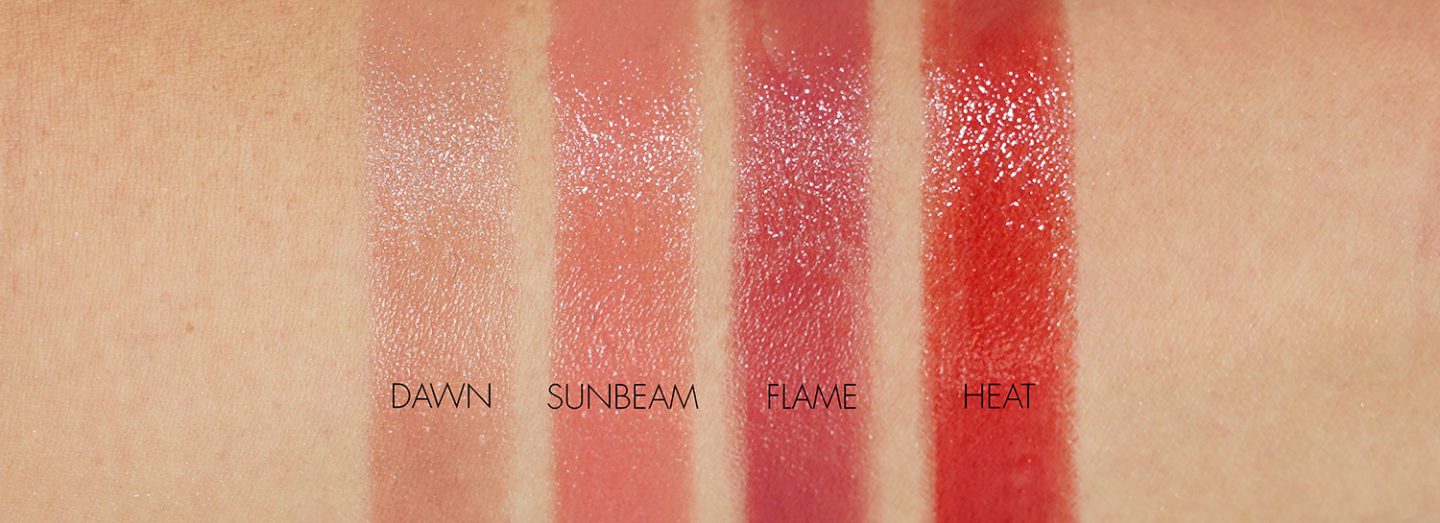 Chanel Rouge Coco Flash in Dawn, Heat, Sunbeam, Flame swatches