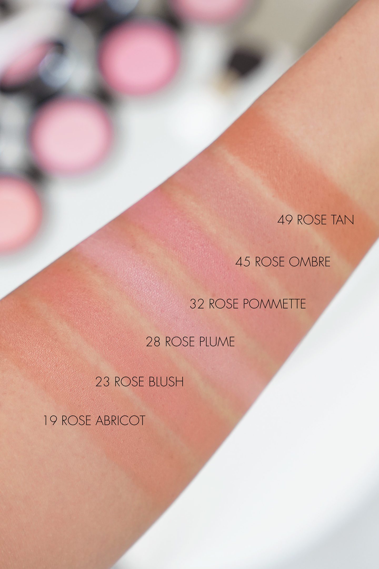 Rose Hermes Silky Blush Powder swatches via The Beauty Lookbook
