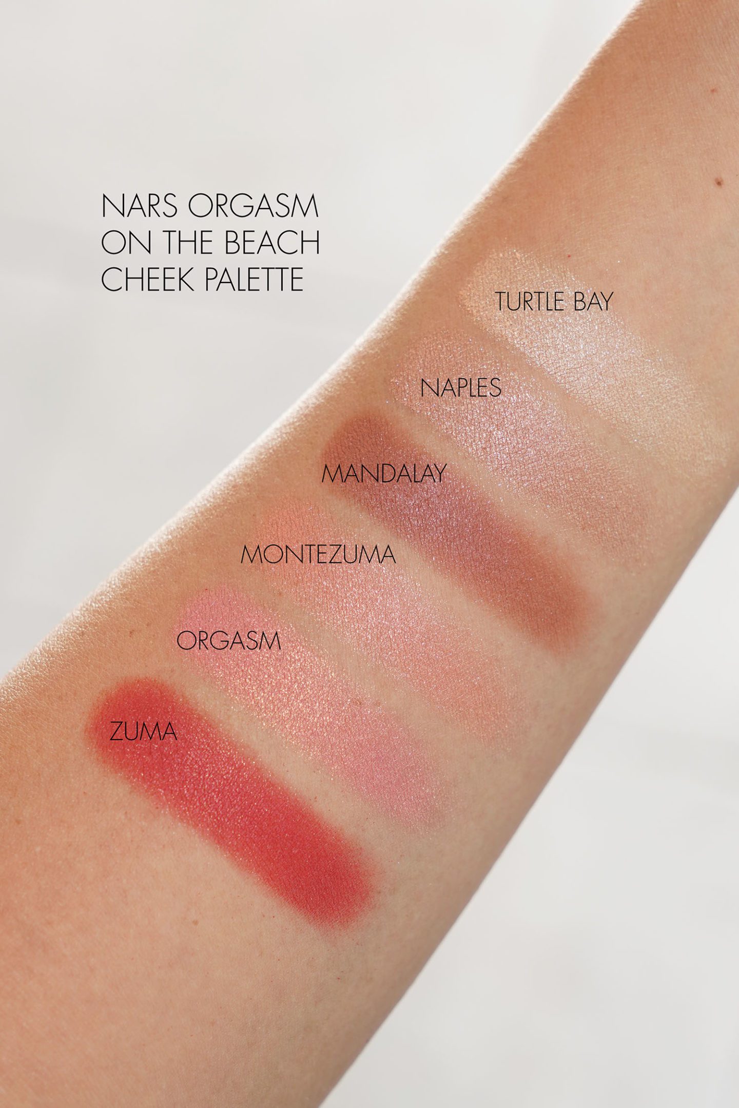 NARS Orgasm on the Beach palette swatches