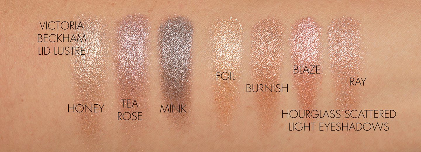 Victoria Beckham Lid Lustres Honey and Tea Rose swatches vs Hourglass Scattered Light