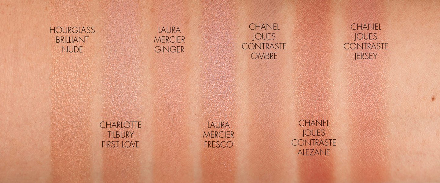 Neutral Blush Swatches Chanel Ombre, Hourglass Brillant Nude, Charlotte Tilbury First Love, Laura Mercier Fresco