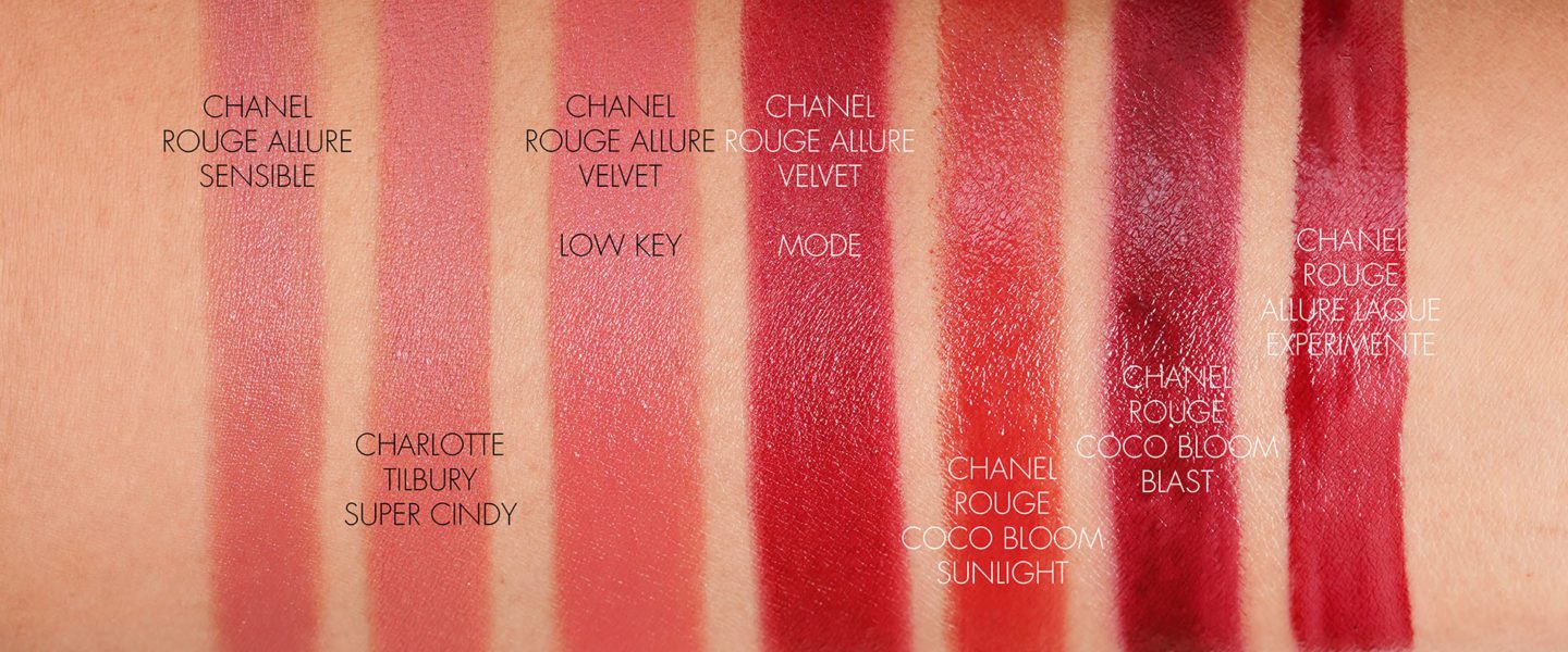 Chanel Rouge Allure Velvet Low Key and Mode swatch comparisons