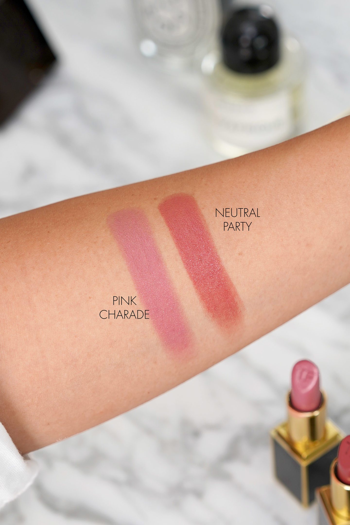 Tom Ford Lip Color Pink Charade and Neutral Party swatches