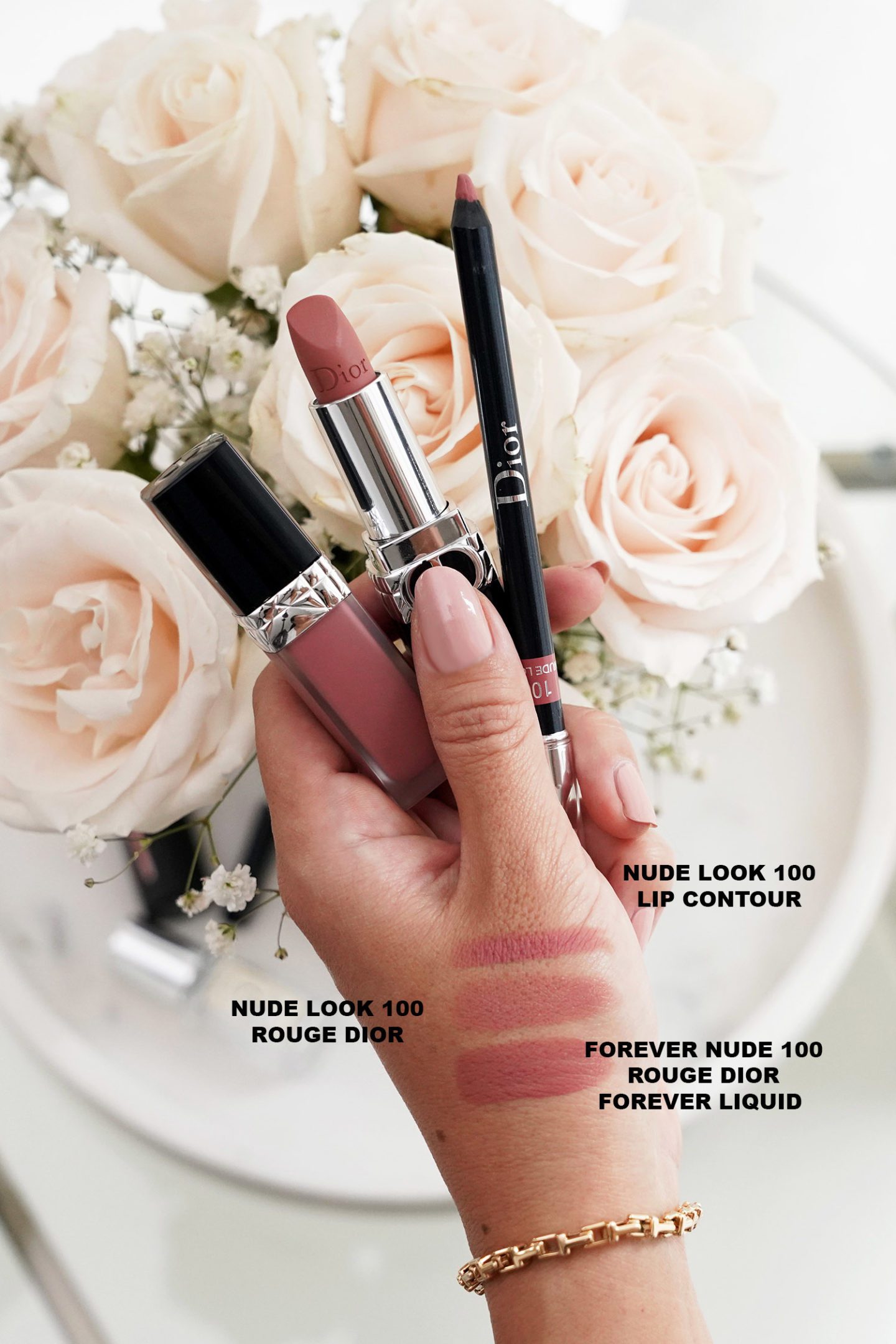 Dior Nude Look 100 Lipstick, Lipliner, Forever Liquid in Forever Nude 100