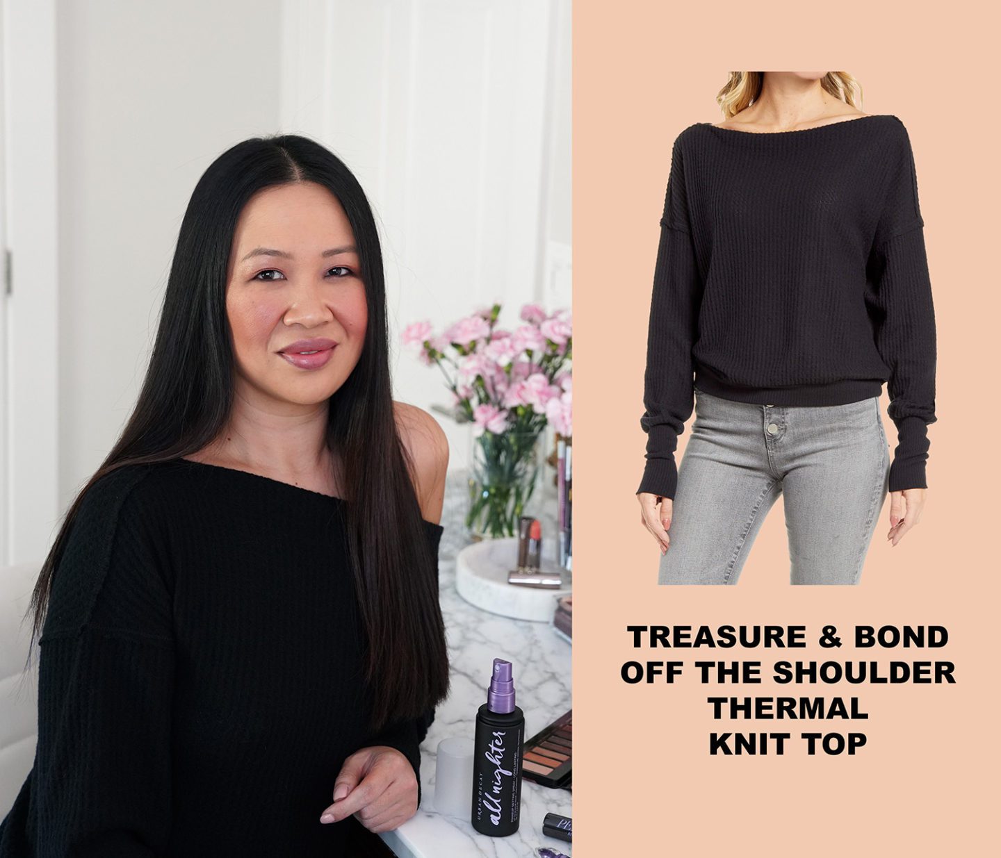 Treasure and Bond Off the Shoulder Thermal Knit Top Black