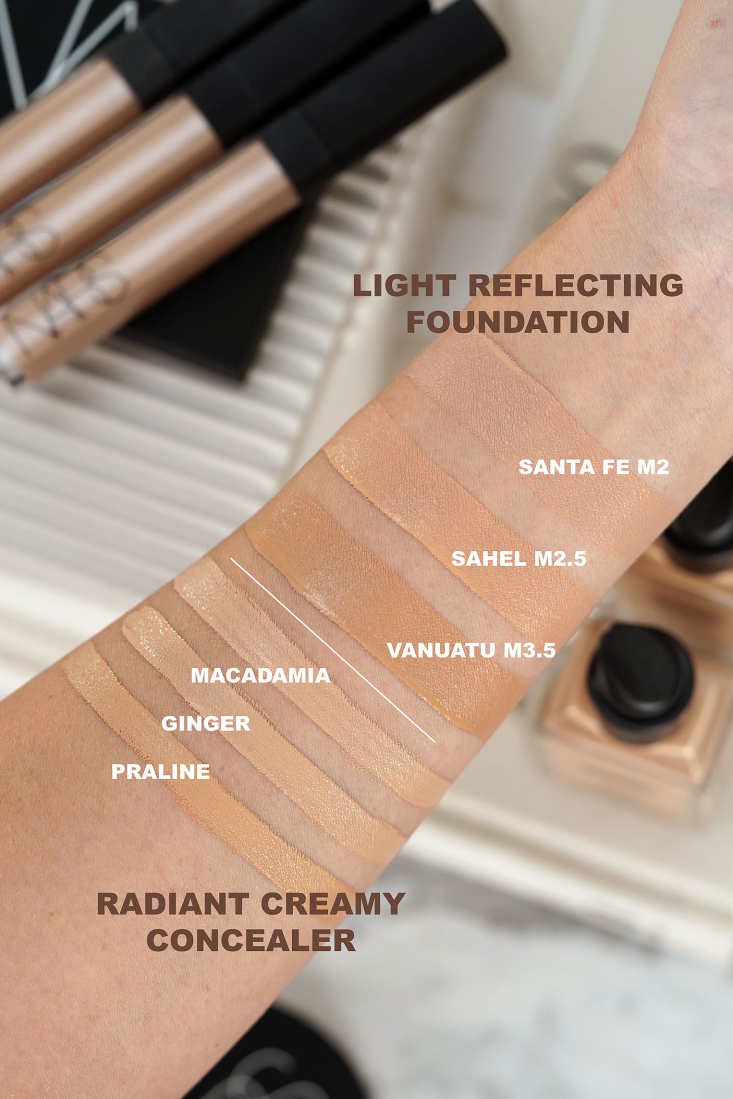 NARS Light Reflecting Foundation swatches Santa Fe, Sahel and Vanuatu