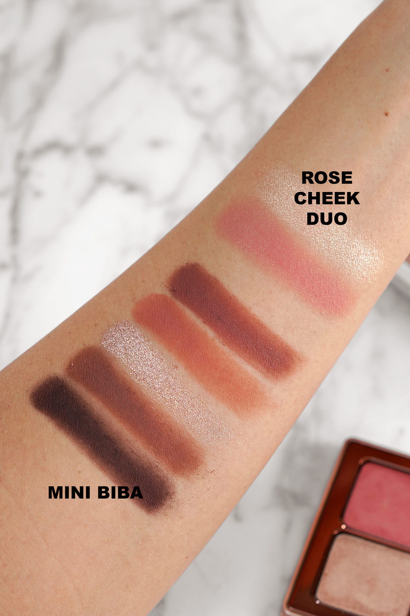 Natasha Denona Mini Biba Eyeshadow Palette and Mini Rose Cheek Duo swatches