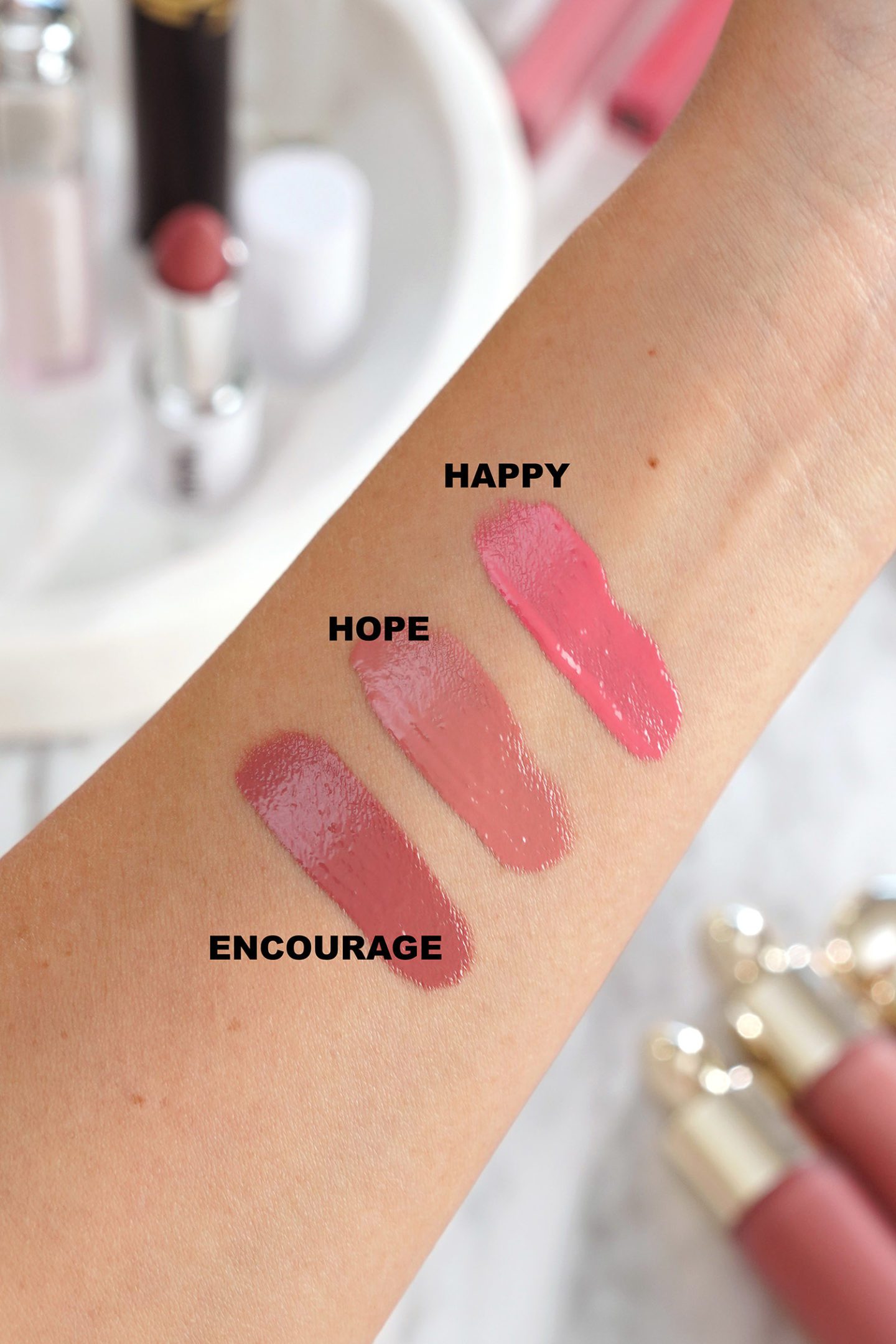 Rare Beauty Soft Pinch Liquid Blushes Happy, Hope and Embrace swatches