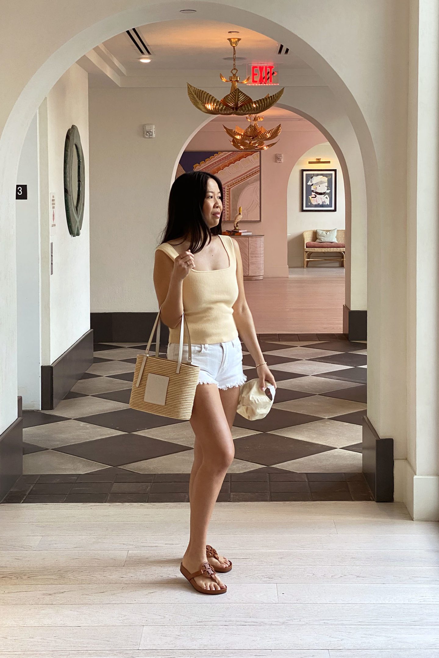 Miami Vacation OOTD Reformation, Loewe Tote, Agolde Shorts
