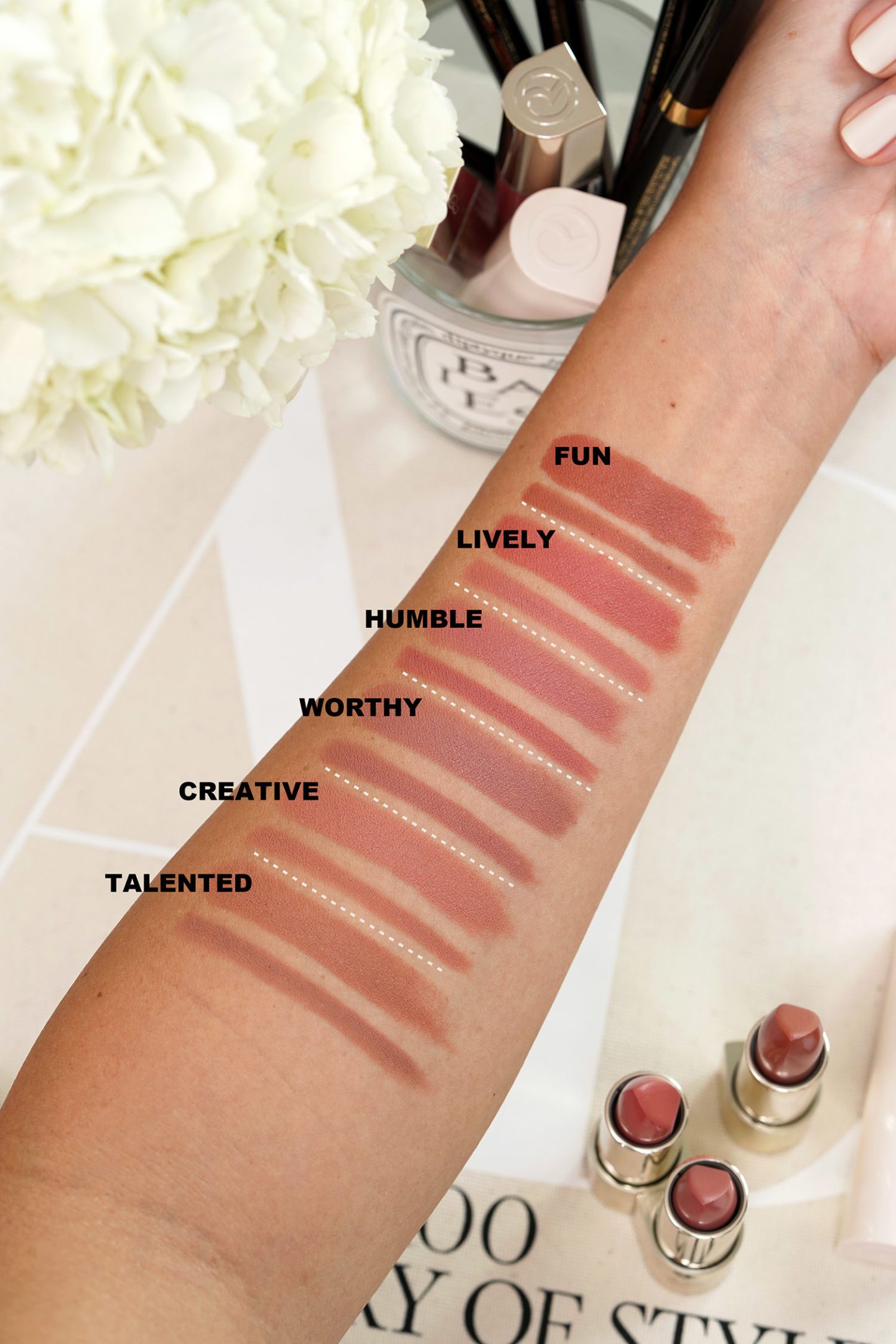 Rare Beauty Kind Words Lipstick and Lip Liner swatches