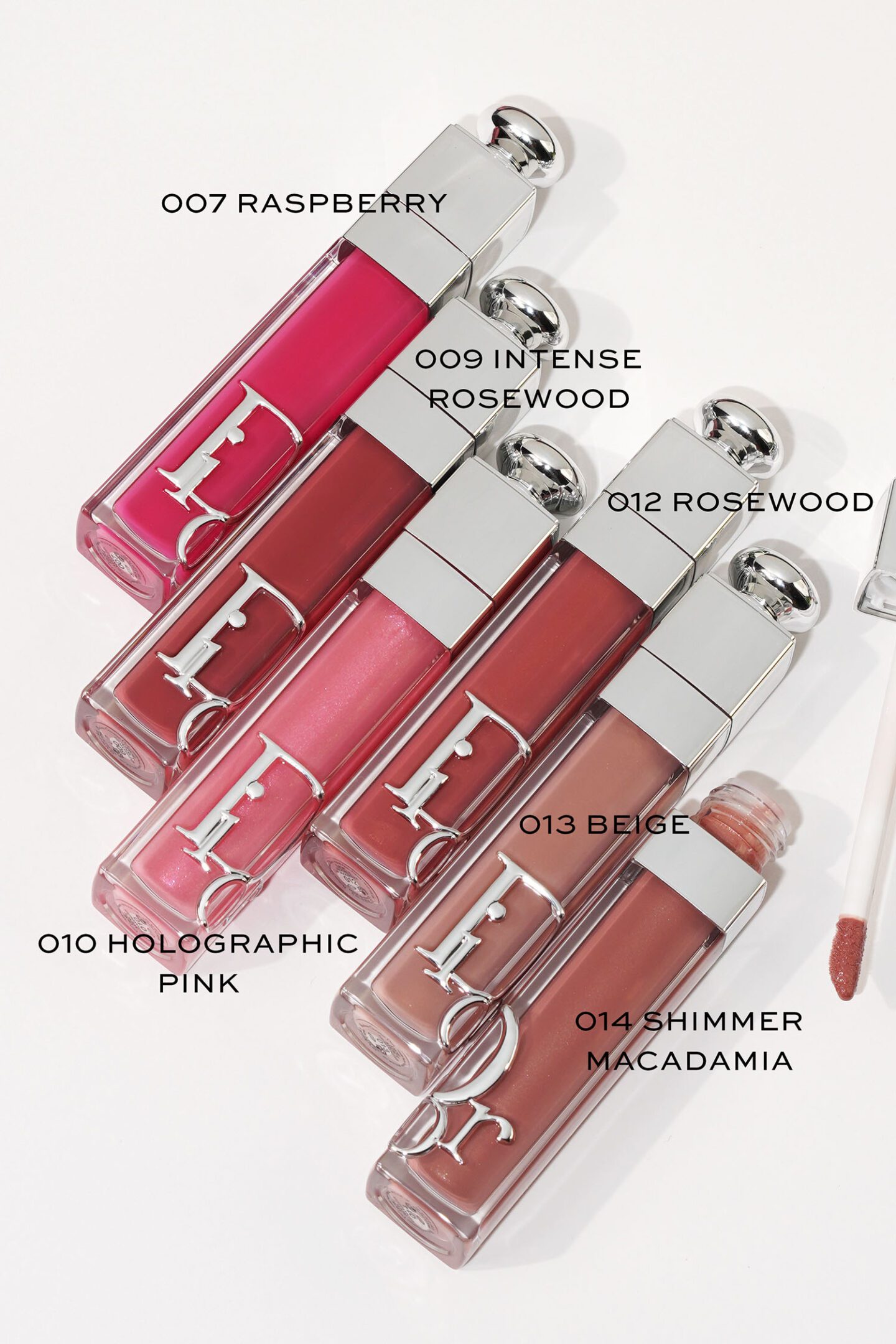 Dior Addict Lip Maximizers in 007 Raspberry, 009 Intense Rosewood, 010 Holographic Pink, 012 Rosewood, 013 Beige and 014 Shimmer Macadamia