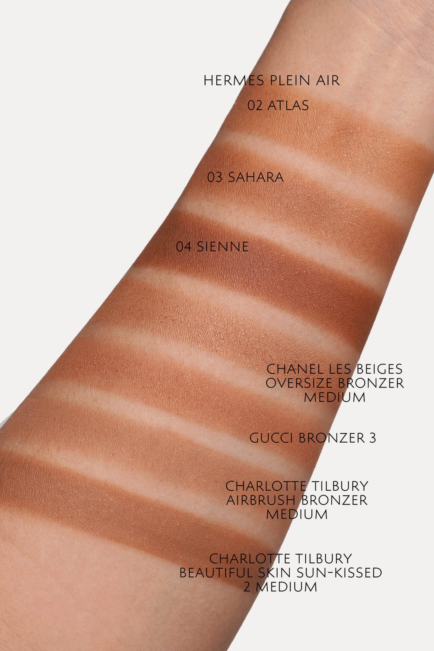 Hermes bronzer swatch comparisons to Charlotte Tilbury, Gucci and Chanel