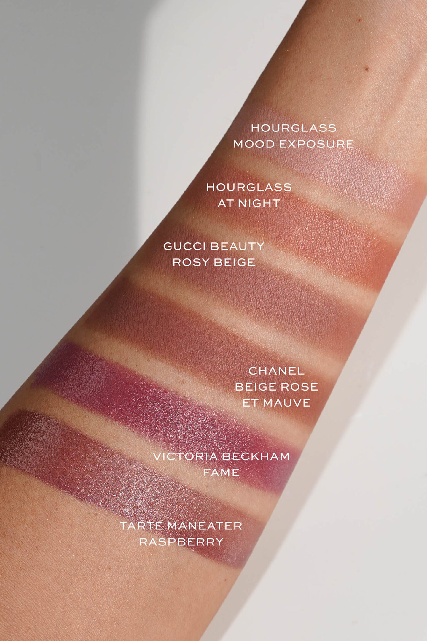 Mauve Plum Blushes Hourglass and Gucci Beauty swatches