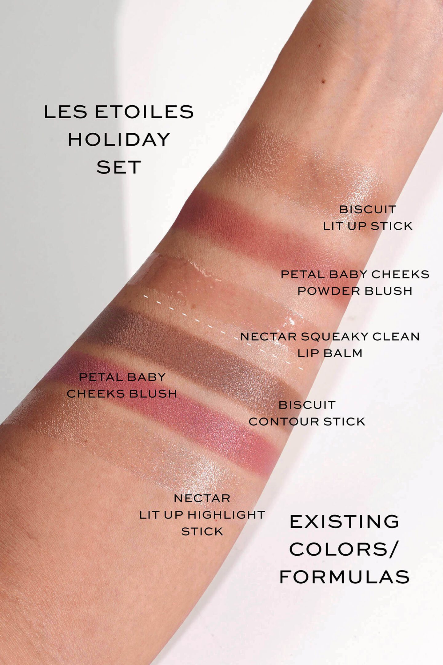 Westman Atelier Holiday Set 2023 Les Étoiles Lip, Blush & Highlighter Edition Set - Biscuit, Nectar and Petal swatches