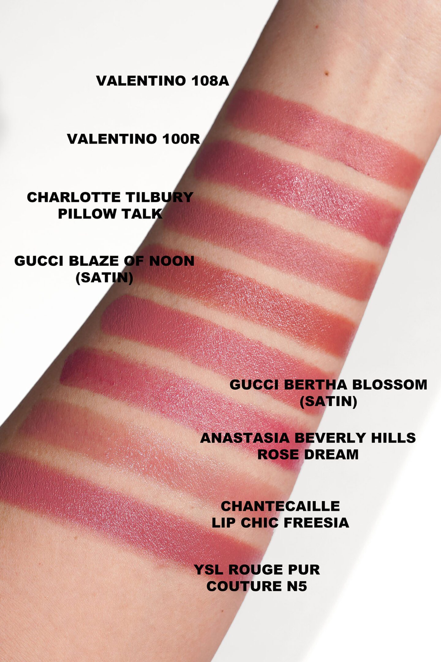 Nude Pink Lipstick Swatches Charlotte Tilbury, Valentino, Gucci, ABH, Chantecaille