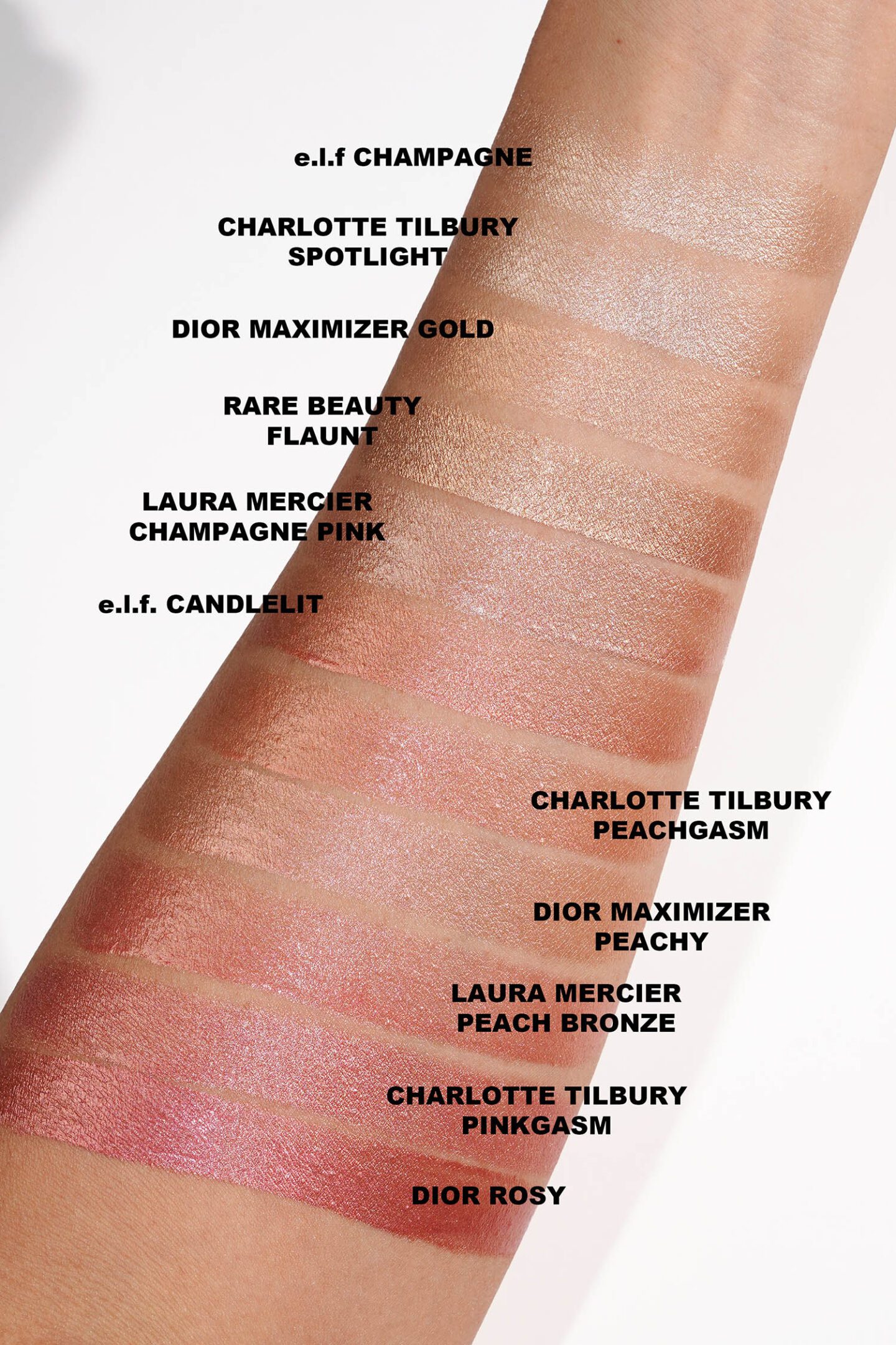 Dior Beauty Forever Glow Maximizer Gold, Peachy and Rosy swatch comparisons