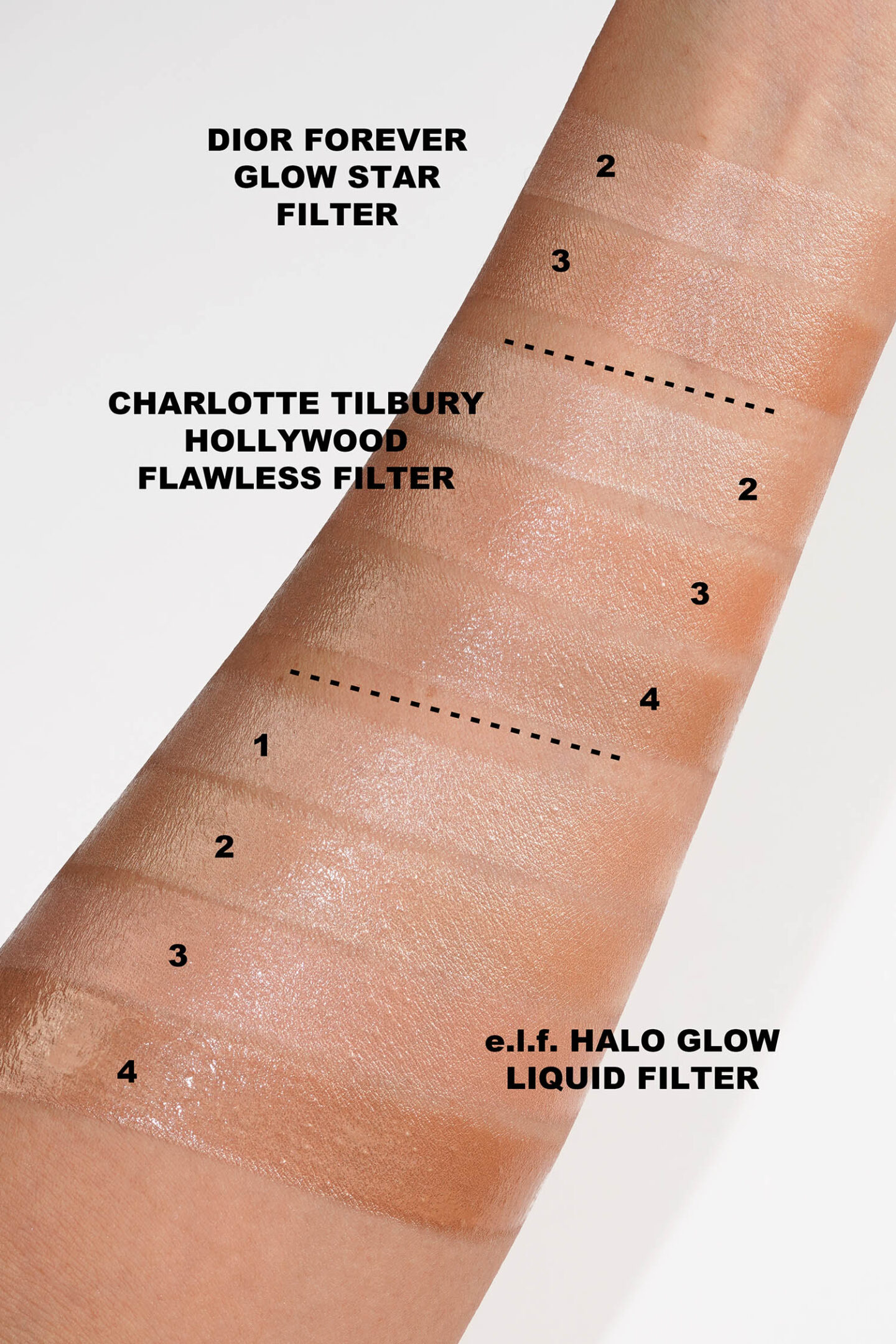 Dior Beauty Forever Glow Star Filter vs Charlotte Tilbury Hollywood Flawless Filter and elf Halo Glow Liquid Filter
