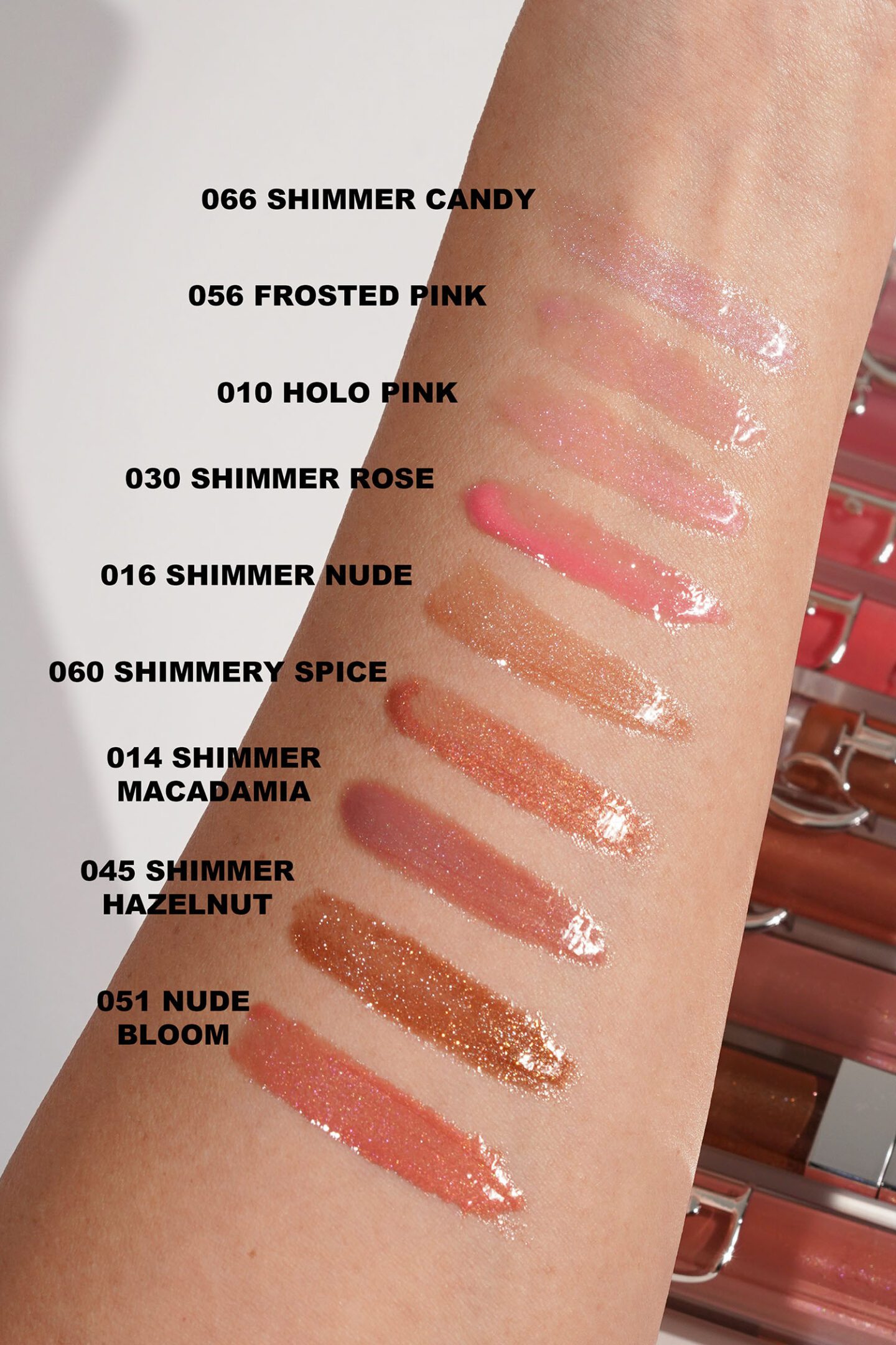 Dior Addict Lip Maximizer Frosted Pink and Shimmery Spice swatch comparisons