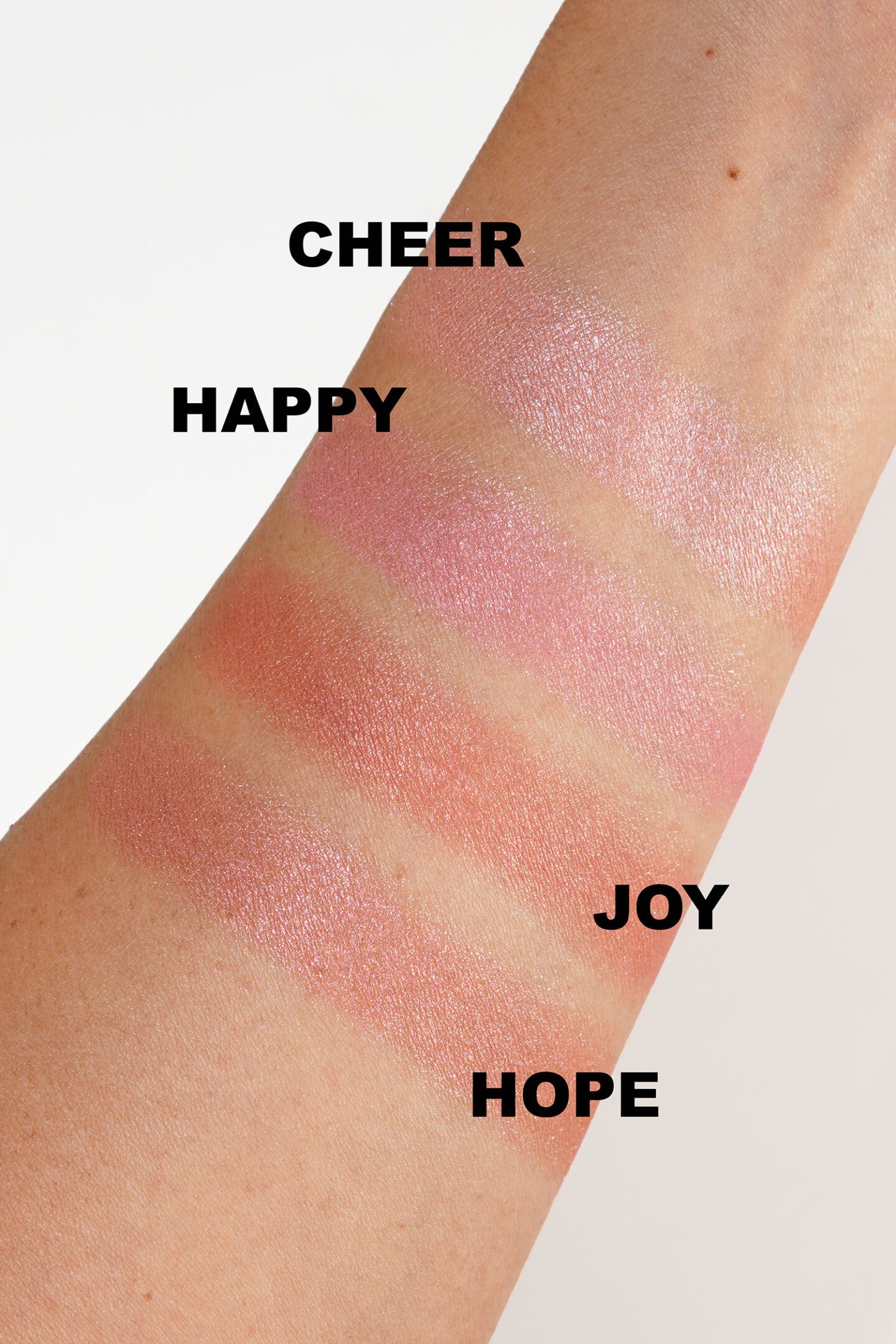 Rare Beauty Soft Pinch Luminous Blush swatches Cheer, Happy, Joy, Hope
