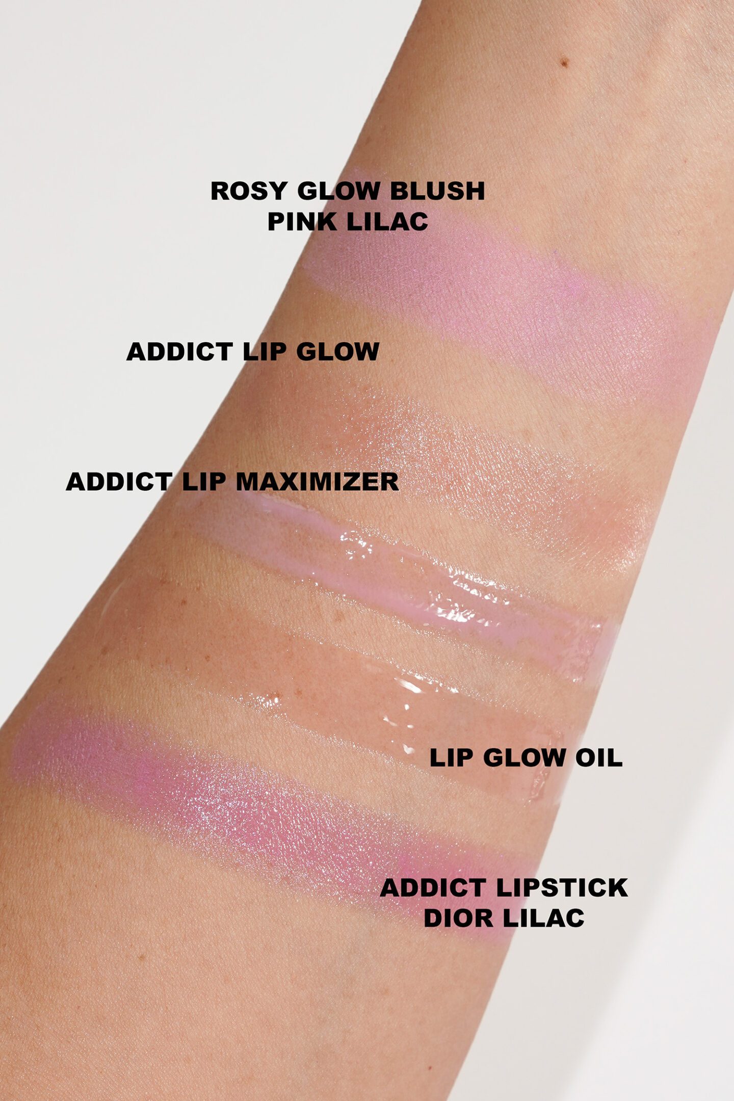 Dior Pink Lilac Rosy Glow Blush, Addict Lip Maximizer, Lip Glow, Lip Balm swatches
