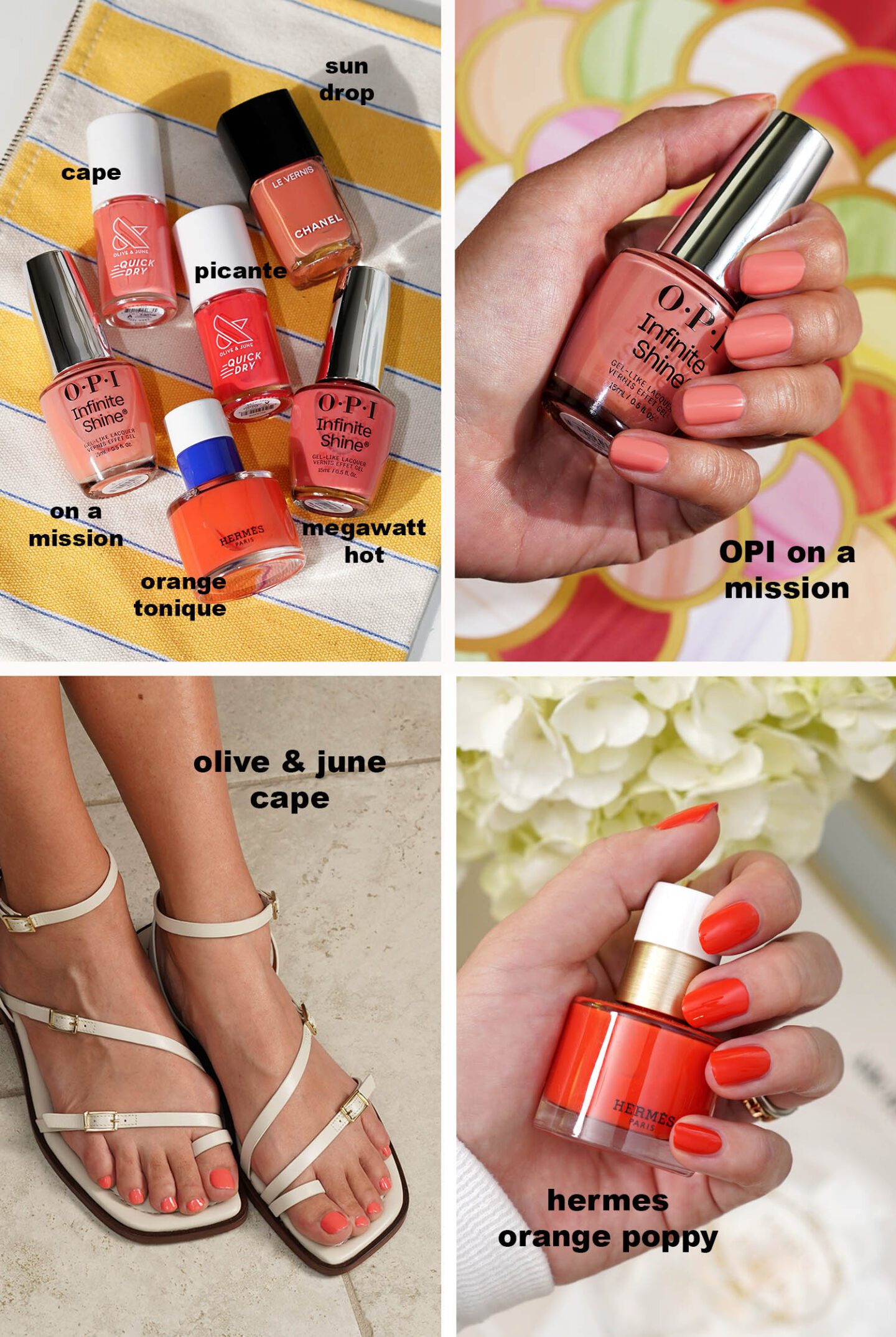 Coral Nail Polishes for summer OPI, Hermes, Olive and June