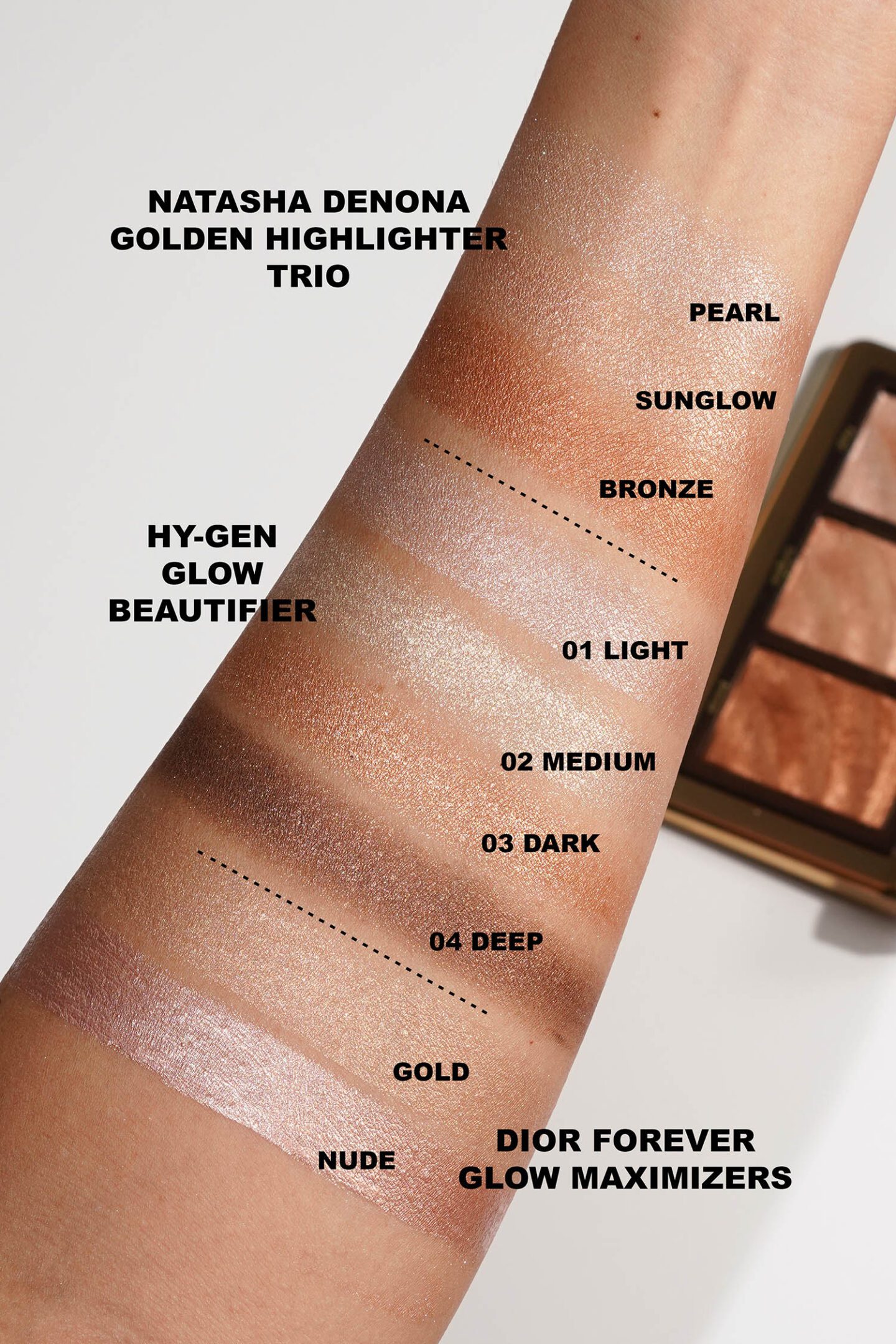 Natasha Denona Golden Highlighter Trio and Hy-Gen Skincare Infused Glow Beautifier swatches