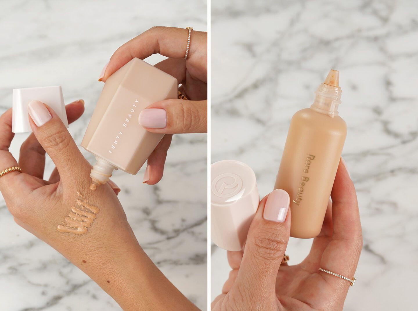 Fenty Eaze Blurring Drops and Rare Beauty Positive Light Tinted Moisturizer