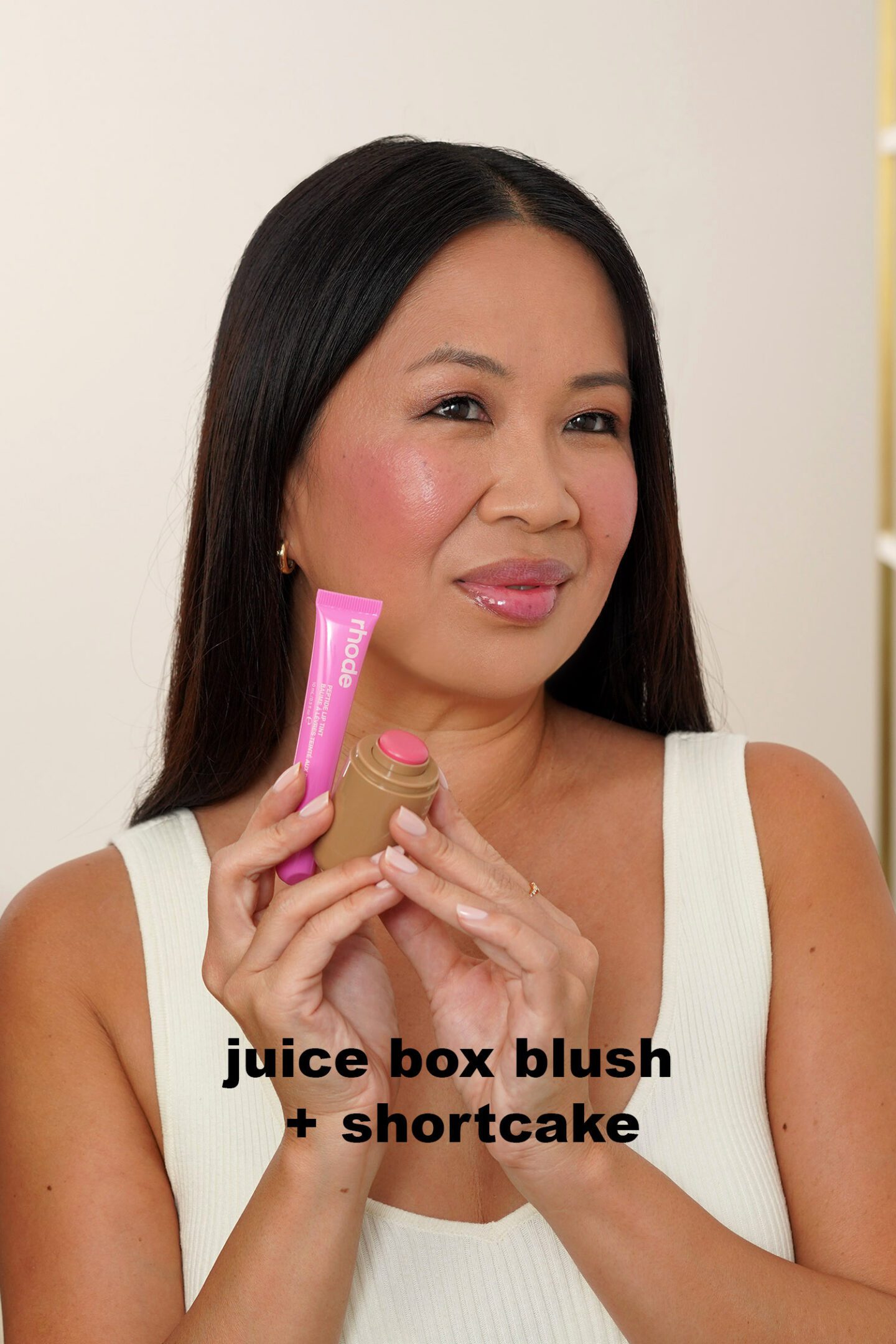 rhode pocket blush in juice box, lip gloss shortcake