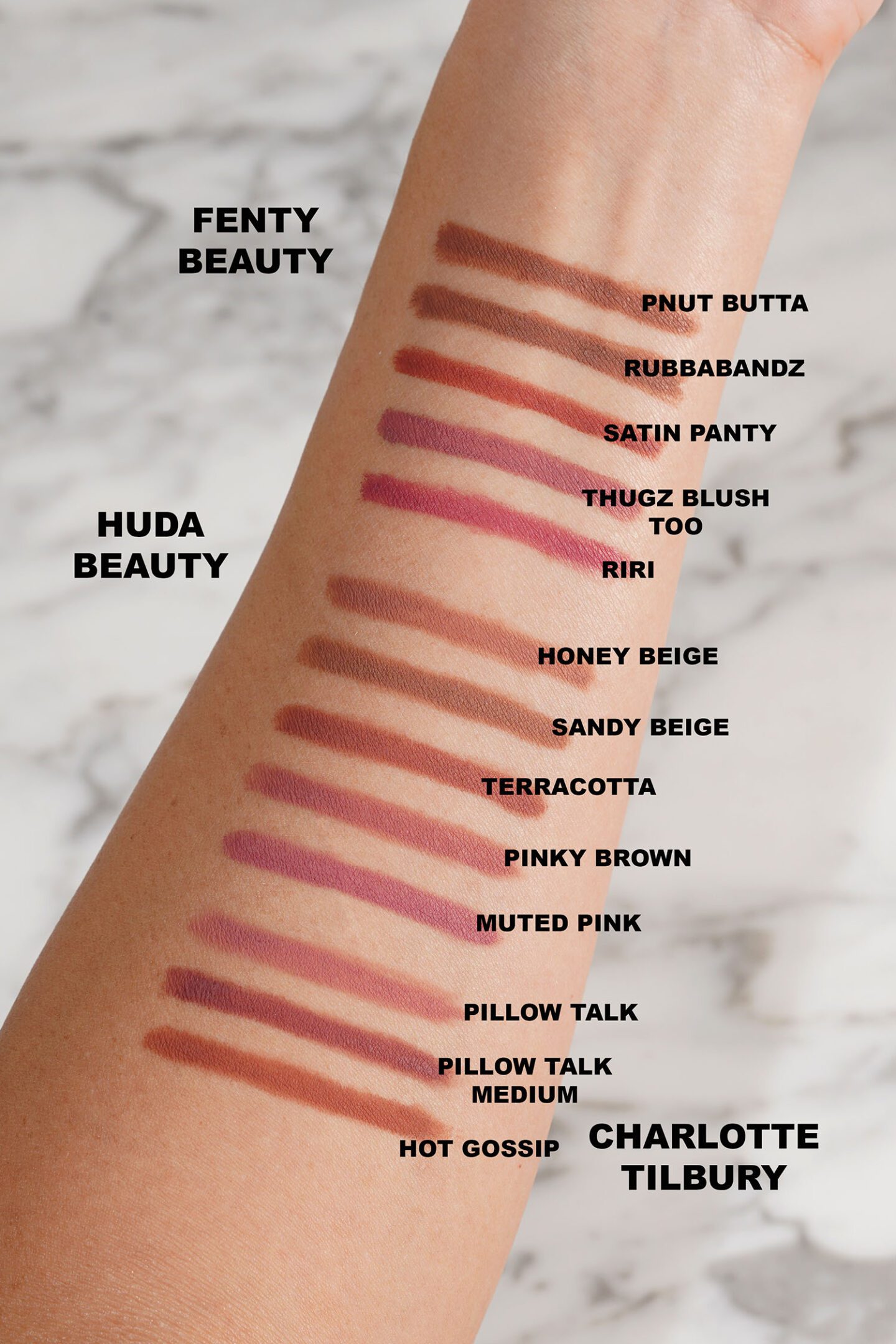 Fenty Trace’d Out Pencil Lip Liner swatches vs Huda and Charlotte Tilbury