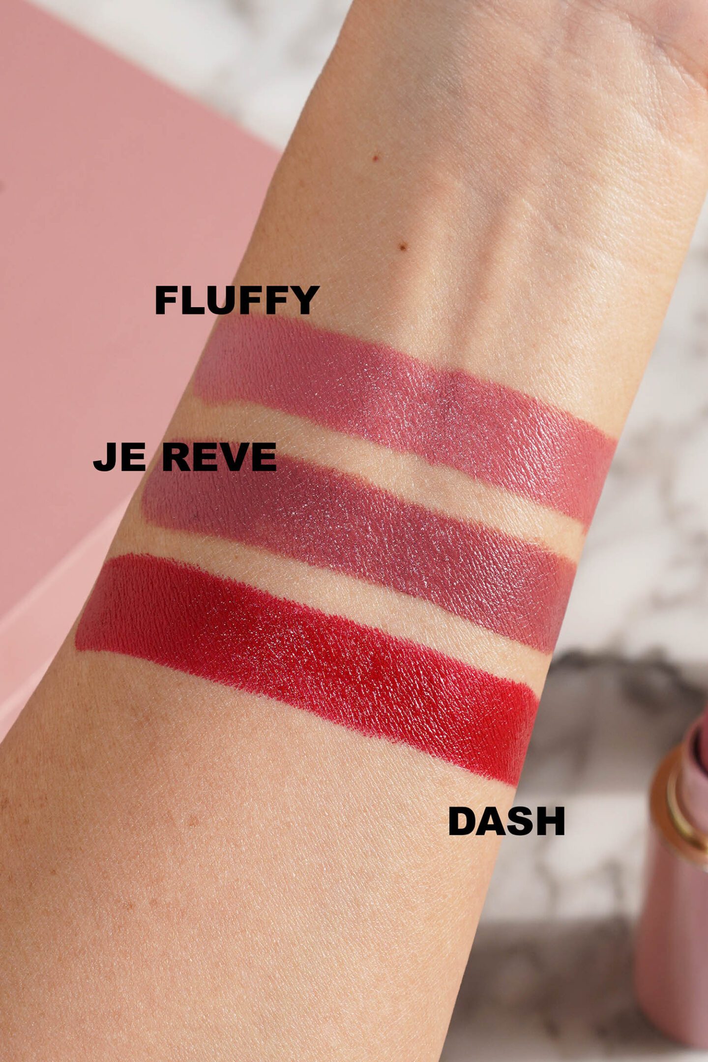 Westman Atelier Lip Suede Matte Lipstick Trio swatches Fluffy, Je Reve and Dash