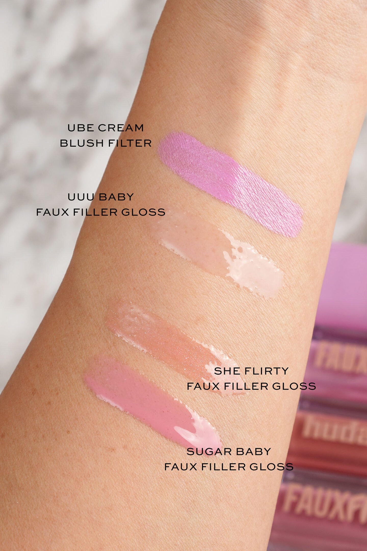 New Huda Beauty UUU Baby Faux Filler Gloss and Ube Cream Blush Filter swatches