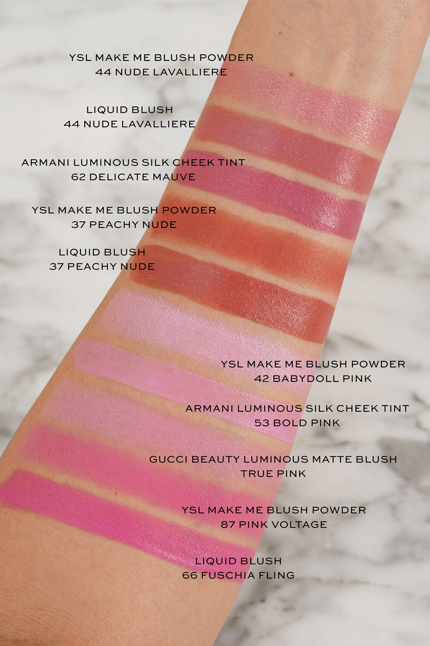 YSL Make Me Blush 24H Buildable Powder Blush swatch comparisons