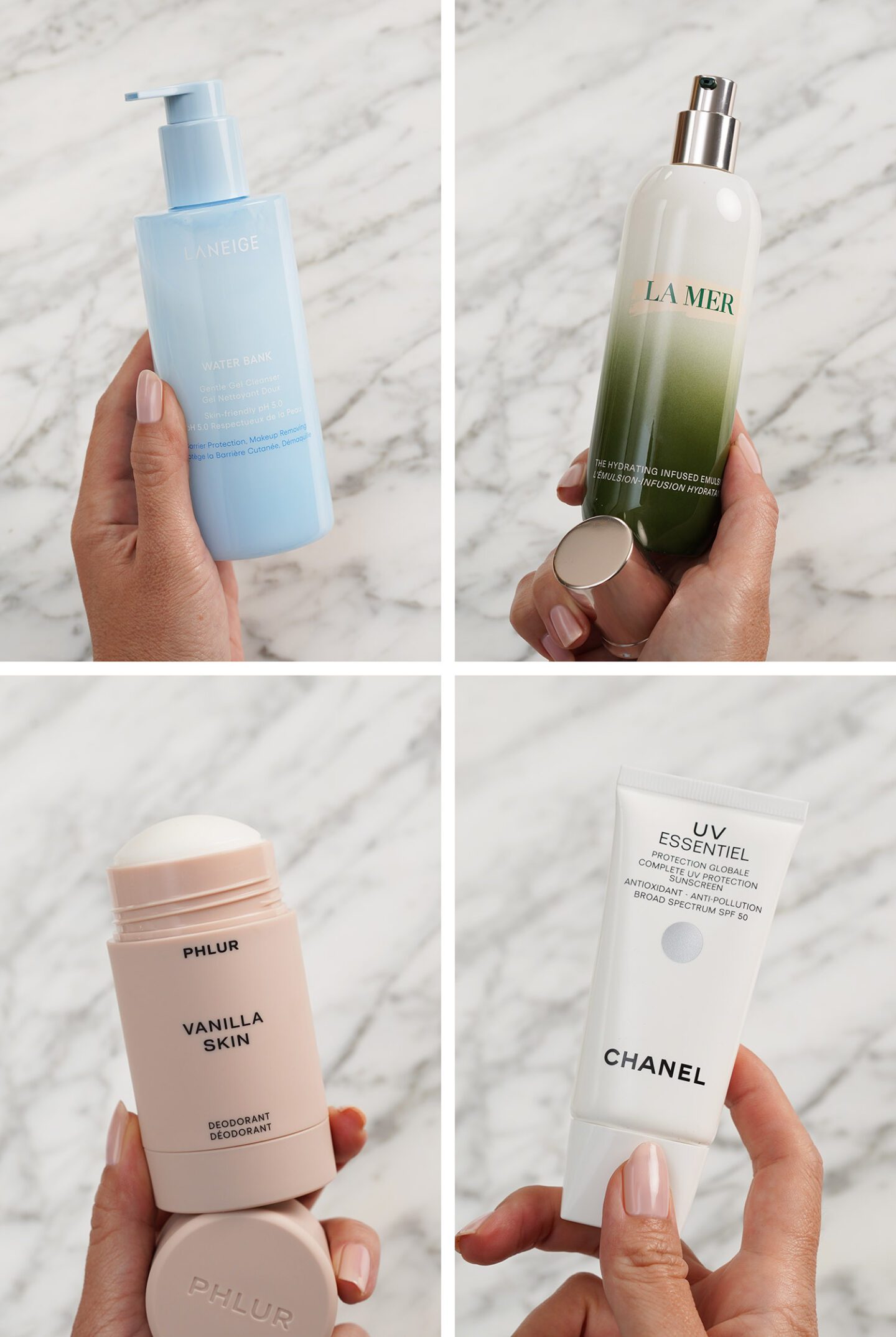 Skincare favorites Laneige, La Mer, Phlur, Chanel