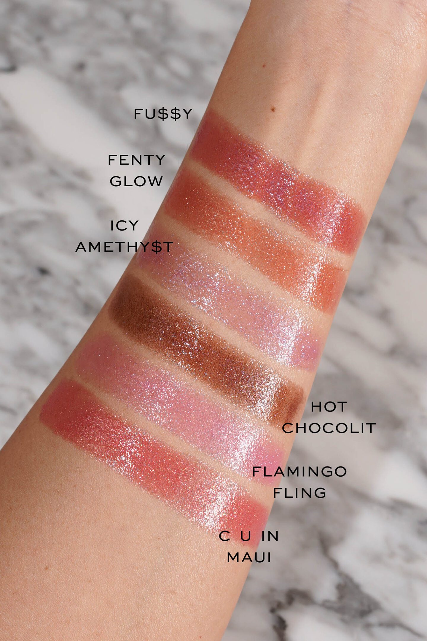 Fenty Gloss Bomb Stix High-Shimmer Gloss Stick swatches